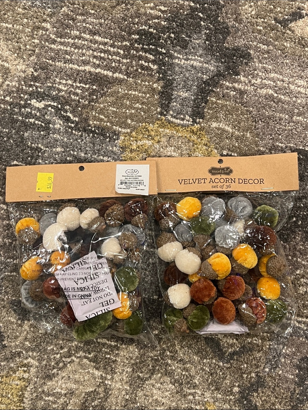 Mud Pie Velvet Acorn Decor - Yellow, Green, Brown, Cream, Gray